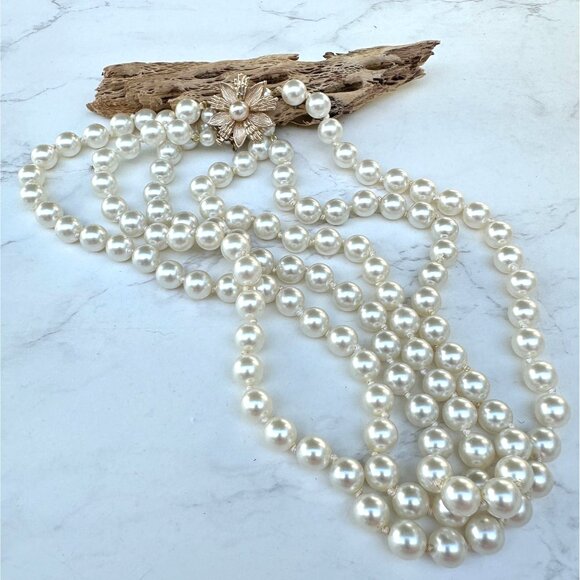 Cultured Pearl Triple Strand Necklace With 10k Gold Flower Clasp, Bridal Jewerlr - Picture 5 of 13